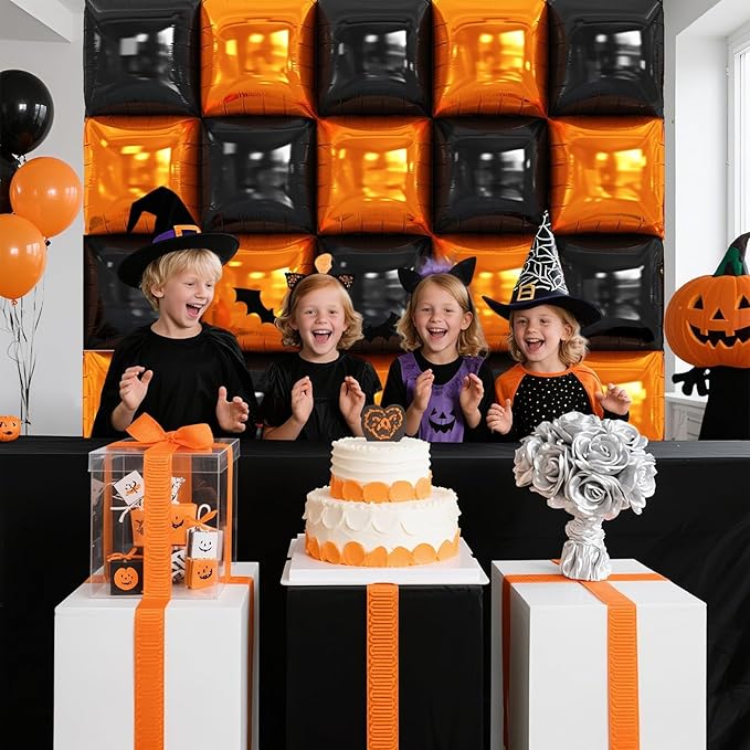 Black and Orange Square Foil Balloons Wall, Double Sided Chrome Black Orange Balloons Tunnel Arch Kit Backdrop for Halloween Birthday Trick or Treat Spooky Ghost Party Bar Graduation Decoration