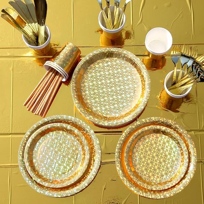 201-piece disposable party tableware set with paper plates, cups, napkins, straws, tablecloths, plastic knives, forks and spoons for a variety of party occasions for up to 25 people (Golden Glass)