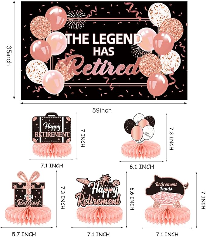 Happy Retirement Party Decorations Men Women, Rose Gold Retirement Party Decorations, Happy Banner, Backdrop, Hanging Swirls, Honeycomb Centerpiece