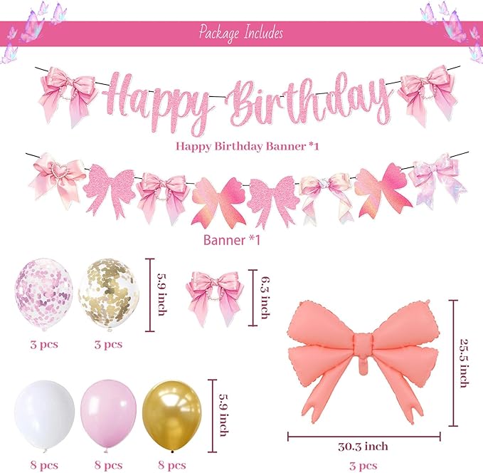 Bow Happy Birthday Banner Set Birthday Decoration Bow Balloon Confetti Latex Balloon Bow Theme Birthday Party Decoration Supplies