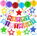 Happy Birthday Banner, Rainbow Birthday Decorations Set with 6 Honeycomb Balls, 8 Star Hanging Swirl Streamers, Circle Dots Garland Perfect for Women, Men, Boys, Girls