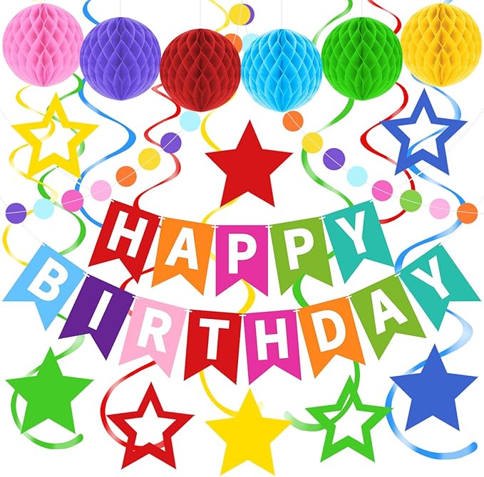 Happy Birthday Banner, Rainbow Birthday Decorations Set with 6 Honeycomb Balls, 8 Star Hanging Swirl Streamers, Circle Dots Garland Perfect for Women, Men, Boys, Girls