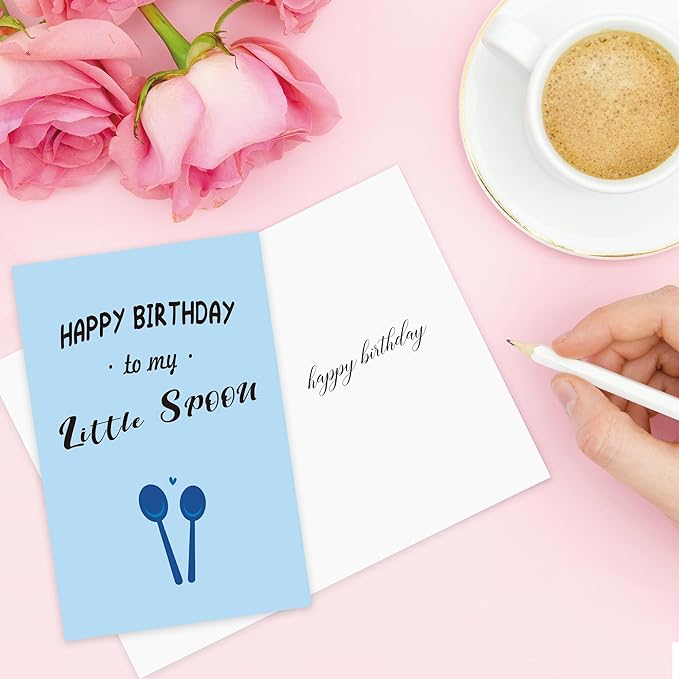 "Little Spoou Funny Birthday Card for Boyfriend/Girlfriend - Humorous Couple Spoon Design with Inside Joke Message, 8 * 5.3 Inch Premium Blue Watercolor Card Girlf for Fiancé/Husband/Wife
