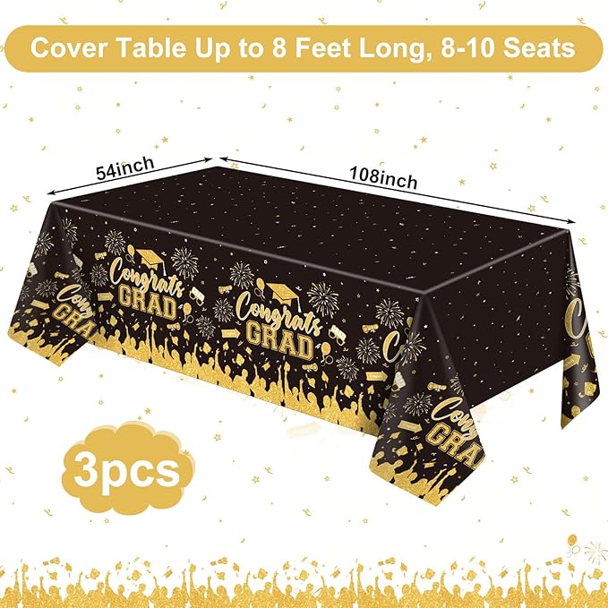 3 Pack Plastic Graduation Tablecloth, Graduation Decorations Class of 2026 Disposable Rectangle Black and Gold Table Cover, 2026 Gongrats Grad Table Cloths for Graduation Party Decorations, 54x108