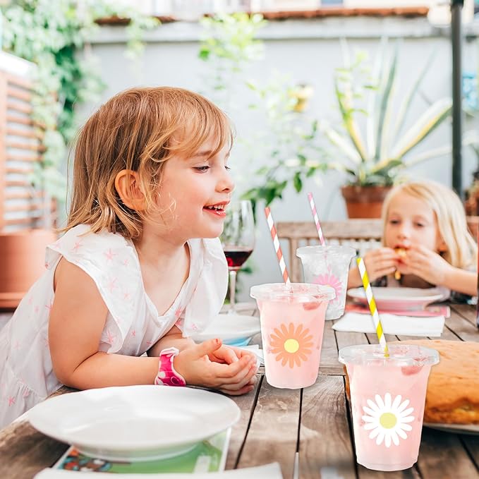 Whaline 60Pcs Daisy Disposable Plastic Cups with Lids and Straws White Pink Orange Daisy Flower Cold Beverage Drinking Cups for Wedding Birthday Baby Shower