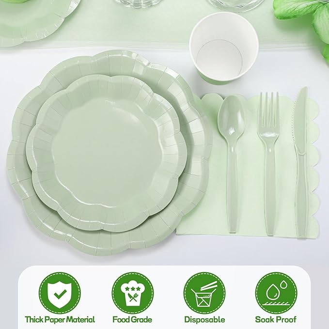 175 Pcs Sage Green Plates and Napkins Set, 25 Guest Sage Green Party Supplies Include Scalloped Easter Plate Napkin Cup Forks Knives Disposable Plastic Cutlery for Wedding Baby Shower Birthday