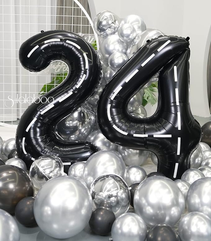 Race Car 40Inch Black 24 Balloon Number Large Helium Race Track 0-9 Giant Digital 24th Foil Mylar Big Party Number Balloons for Boy Birthday Car Theme Party Anniversary Graduation Decorations