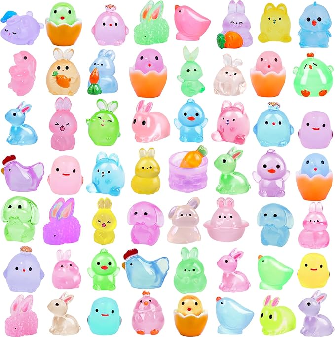 61Pcs Easter Luminous Mini Resin Figurines Miniature Figurines Tiny Small Easter Glow in The Dark Little Bunnies Chicken for Dollhouse Eggs Fillers Landscape Micro Garden Decoration Party Favors
