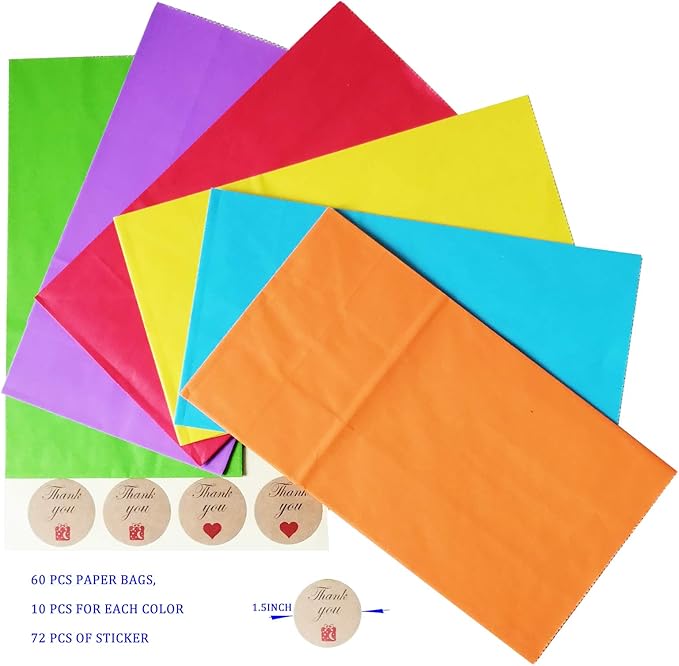 Future Life 60 pcs Solid Color Party Favor Paper Bags, 5.2 * 3.2 * 9.6 Inch, Food Safe Kraft Paper and Ink, Natural (Biodegradable), Vivid Colored Gift Bags, Give Away Bags.