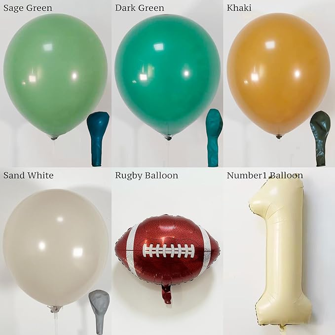 First Year Down Football Balloon Arch Kit – 1st Birthday Football Decorations with Number 1 Balloon, Football Foil Balloons & Green Brown Balloon Garland for Baby Boy Birthday Party (139PCS)