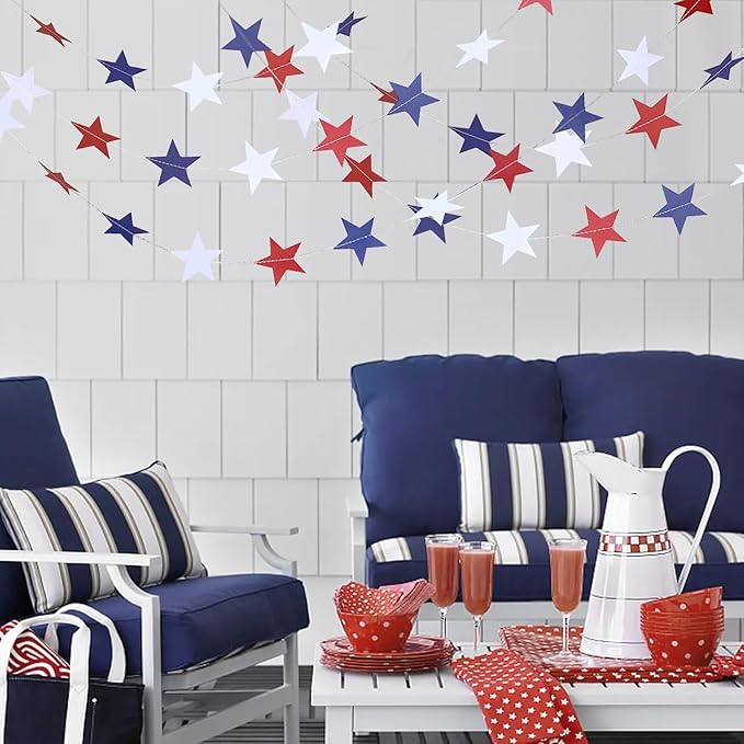 XIANMU 8 Strands Star Streamers Paper Garland Patriotic Decorations Red White Blue Hanging Stars Banner for 4th of July Memorial Day Independence Day Veterans Day Party Decor