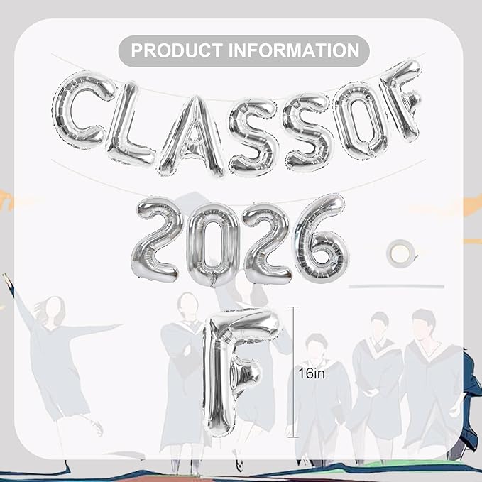 TONIFUL Silver Class of 2026 Graduation Balloon Banners Foil Balloons Decorations 2026 Congrats Grad Balloons for Class of 2026 Congratulation Graduations Party Supplies