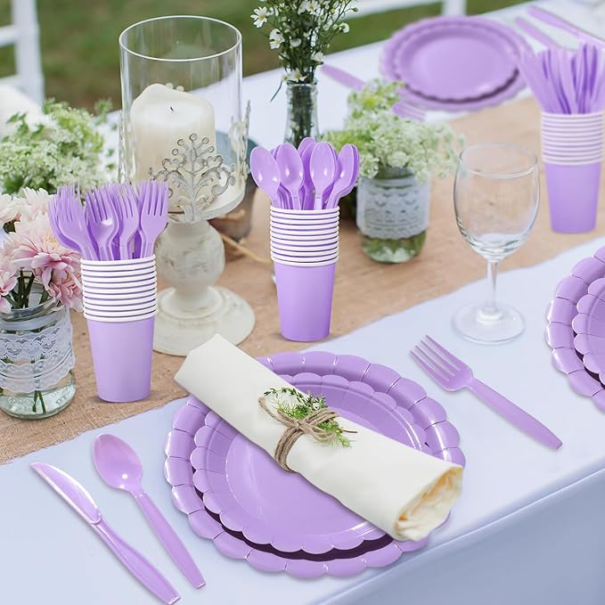 175 Pcs Lavender Paper Plates and Napkins, Light Purple Party Supplies Include Scalloped Easter Plates Napkin Cup Plastic Cutlery for Spring Garden Party, Baby Shower, Wedding