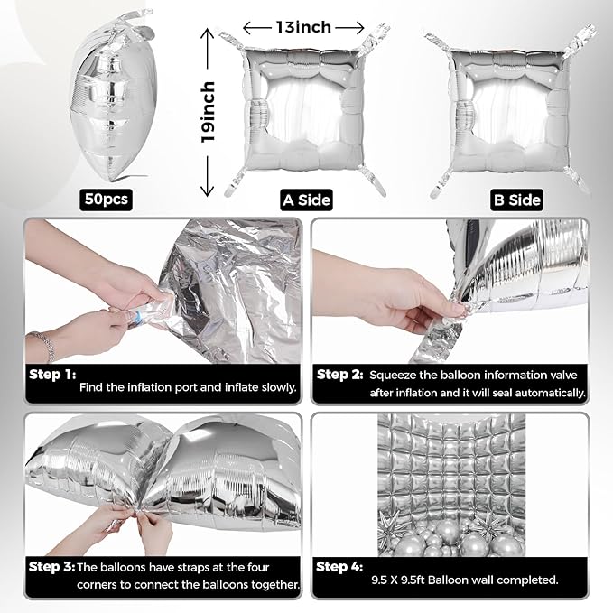 50pcs Metallic Silver Square Foil Balloons Wall Backdrop with 79pcs Metallic Silver Balloon Garland Arch Kit, Double Sided Balloon Tunnel for Anniversary Engagement Birthday Prom Decorations