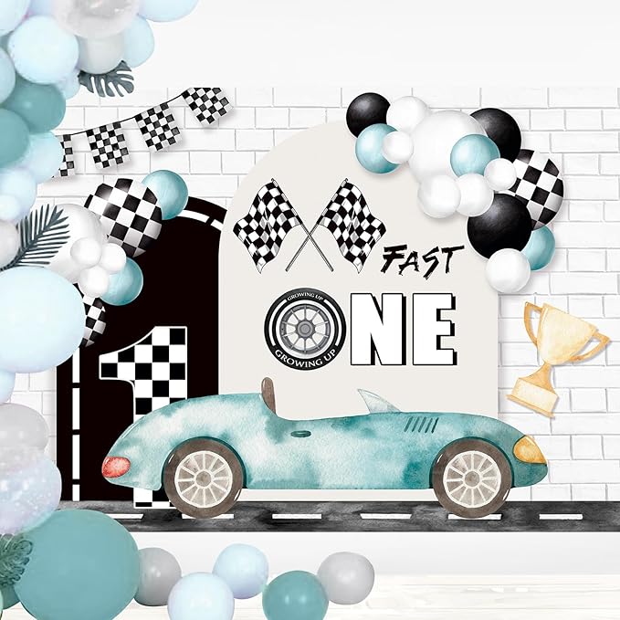 Imirell Fast One 1st Birthday Backdrop 7Wx5H Feet Kids Boys Racing Car Teal Black White Plaid Flag Cool Polyester Fabric Bday Cartoon Cute Photography Backgrounds Photo Shoot Decor Props Decoration