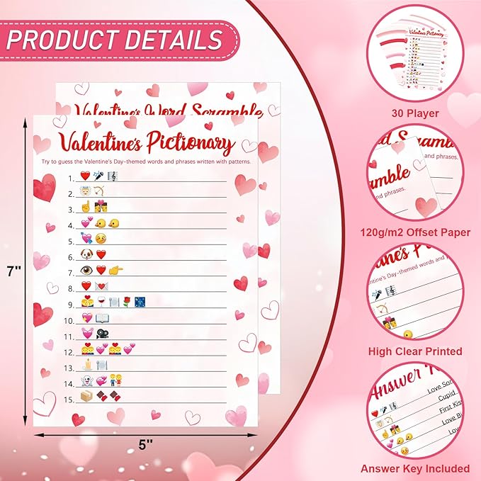 COCHIE 30 Players Valentine's Party Games for Adults Family Office Large Groups, Valentines Parties Words Pictionary Game, Phrases Guesstures Game, Word Scramble Games with Answer Key