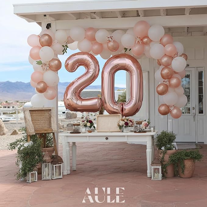 AULE 40 Inch Large 20 Number Balloons Rose Gold Big Foil Number Balloons Giant Helium Happy 20th Birthday Party Decorations for Women Huge Mylar Anniversary Supplies