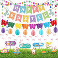 AhfuLife Easter Decorations Set, Happy Easter Bunny Paper Banner, Easter Egg Hunt Signs Clues with Sticks and Bunny Feet, Reusable Bunting for Home Garden Indoor Outdoor Party Game Decorations