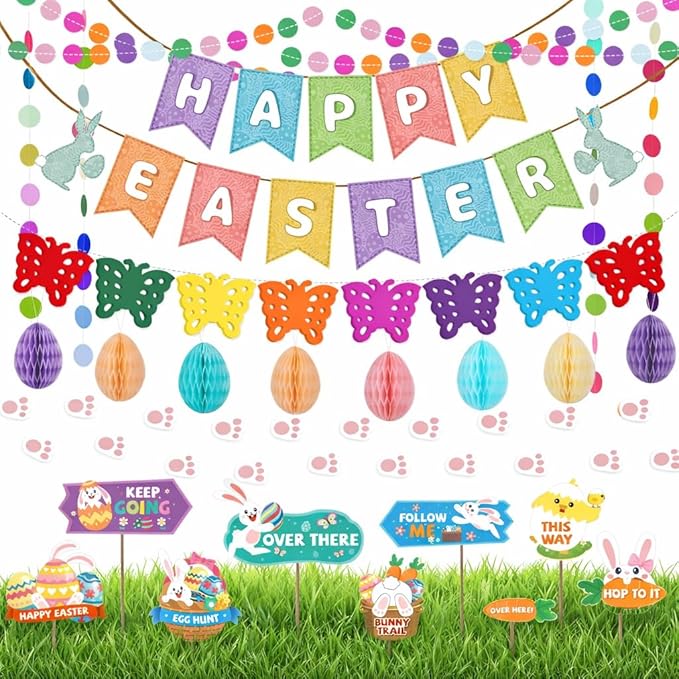 AhfuLife Easter Decorations Set, Happy Easter Bunny Paper Banner, Easter Egg Hunt Signs Clues with Sticks and Bunny Feet, Reusable Bunting for Home Garden Indoor Outdoor Party Game Decorations