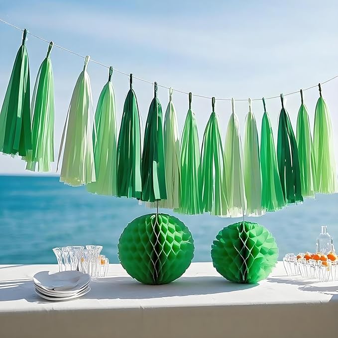 Green Paper Tassel Garland Banner - Tri-Color Handmade Tassels for Party Decorations, Wedding Backdrop, DIY Crafts (30-Pack)