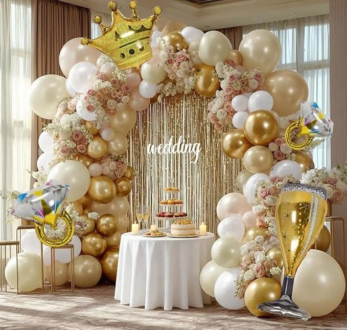 Engagement Balloon Arch Kit Double Stuffed Latex White Nude Beige Gold Balloon Garland with Fringe Curtain, Foil Balloons for Boho Neutral Wedding Bridal Shower Anniversary Birthday Party Decorations