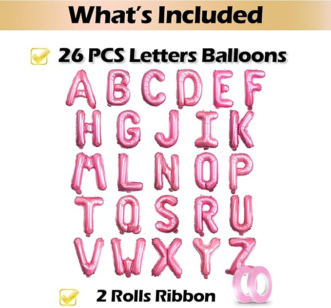 [26 Pcs] 16" Letter Pink Foil Balloons A-Z set, Mylar Aluminum Hanging Alphabet for Valentine's day Romance Mother's day Wedding Graduation Birthday Party Decorations New Year eve