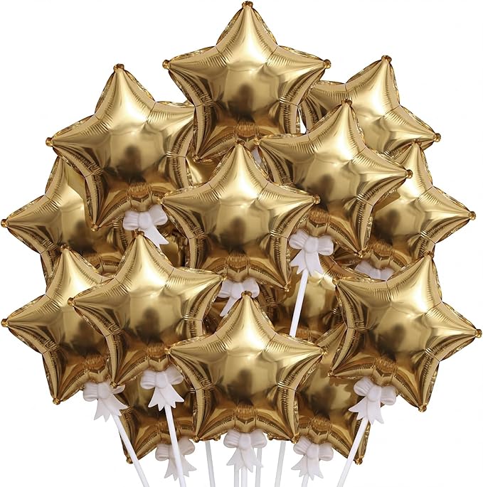 30 Pcs Star Self Inflatable Balloons with Bow Stems Star Foil Balloons Mini Pentagram Decoration for Patriotic Independence Day Graduation Birthday Baby Shower Anniversary(Gold,6 Inches)
