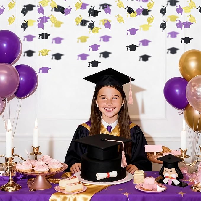Black Purple and Gold Graduation Garland Graduation Party Decorations Class of 2026 Grad Cap Garland Banner Streamers for Grad Party Hanging Decorations 39Feet
