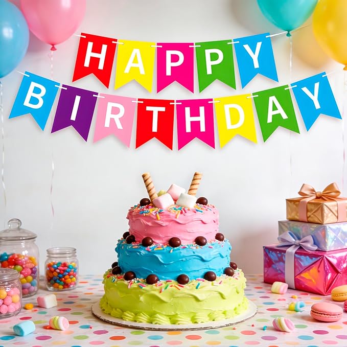 MEETINGU Rainbow Happy Birthday Banner, Colour Rainbow Birthday Party Decorations Color Birthday Sign Colour Happy Birthday Decorations Birthday Party Supplies for Boys Girls Kids Baby Adults (Multicolour)