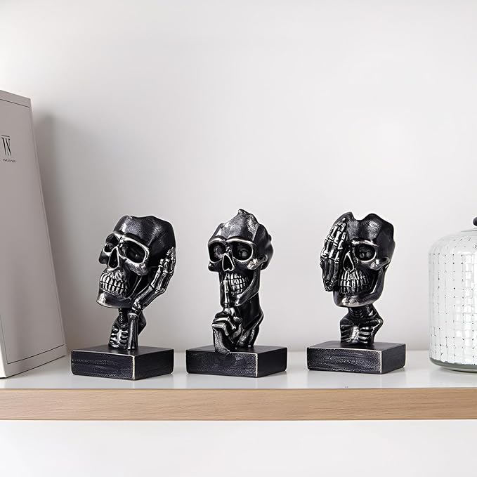 See Hear Speak No Evil Skeleton Figurines Set,Gothic Evil Skull Trio Statue,Vintage Skeletons for Halloween Decorations Indoor,Living Room Fireplace Floating Shelf Coffee Table Centerpiece Decor