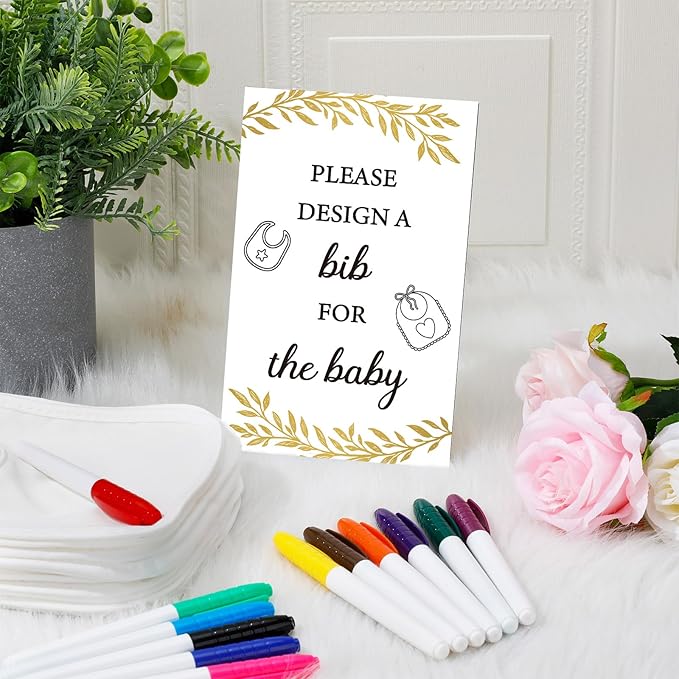 Panitay 43 Pcs Baby Shower Games White Bibs Design, Include Wooden Baby Shower Game Sign, 30 DIY Blank White Bibs, 12 Markers for Gender Reveal Party Decorating Supplies(Golden Leaf)