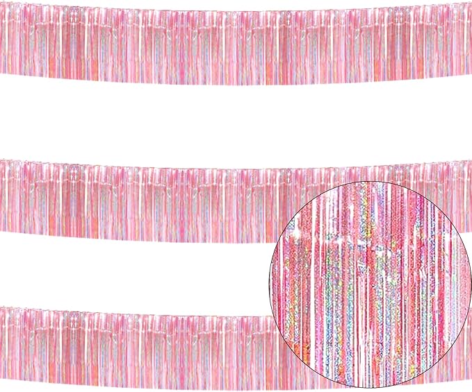 3 Pack Pink Total 30 Feet Foil Fringe Garland Metallic Tinsel Banner Wall Hanging Drapes Parade Float Skirting Decorations for Trailer Mardi Gras Party Birthday Wedding (Iridescent Pink)