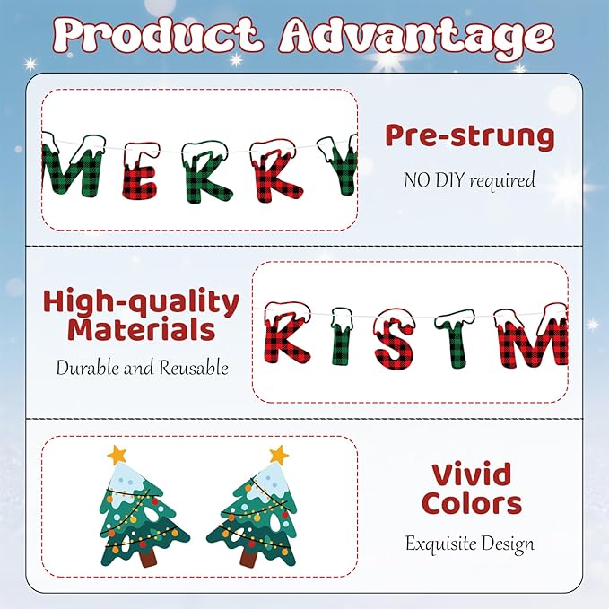 Merry Christmas Banner Indoor, Pre-Strung Mantle Christmas Decor, Buffalo Plaid Xmas Banner with Tree, Merry Xmas Sign for Winter New Year Party Fireplace Hanging Sign Supplies