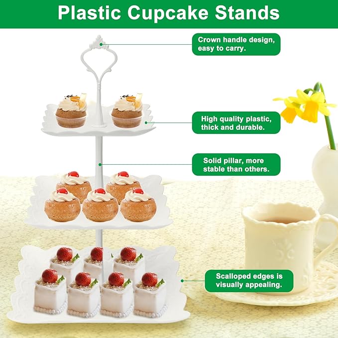 Coitak 3 Tier Cupcake Stand, Plastic Tiered Serving Stand, Square Dessert Tray for Tea Party, Birthday and Wedding (Pure White)