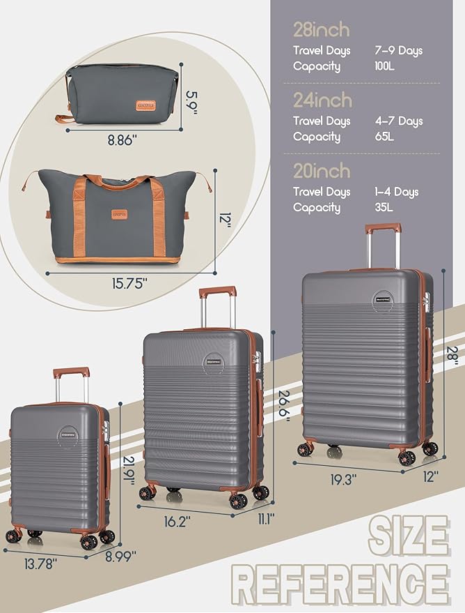 CONCEPTEN Luggage Sets 5 Piece, Suitcases with Wheels, Hardshell Suitcase Set, ABS Carry on Luggage Set with TSA Lock, Travel Luggage