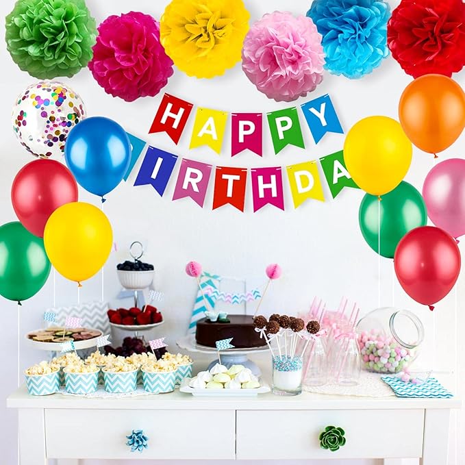 Colorful Birthday Party Decorations Kit - Happy Birthday Banner, Spiral Charm，Paper Flower Ball, Multicolor Latex Balloon and Colorful Confetti Balloons for Boys and Girls