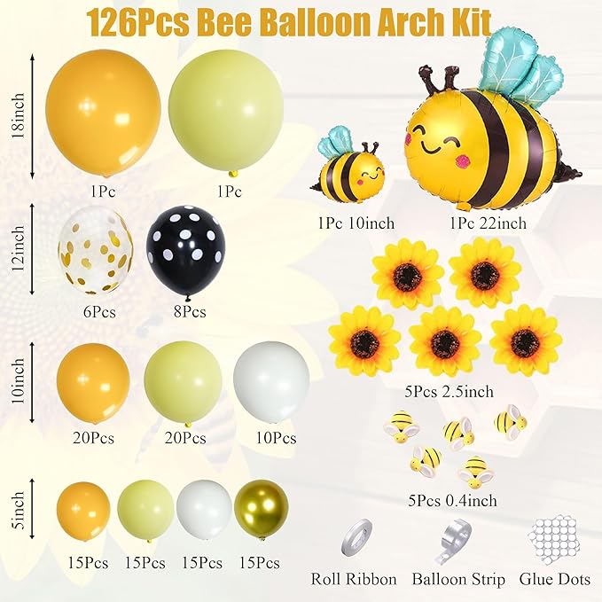 Bee Balloon Arch Kit, Black Yellow White Gold Balloon Garland with Bee Foil, Sunflower Decor for Bee Birthday, Baby Shower, Gender Reveal, Party Decorations