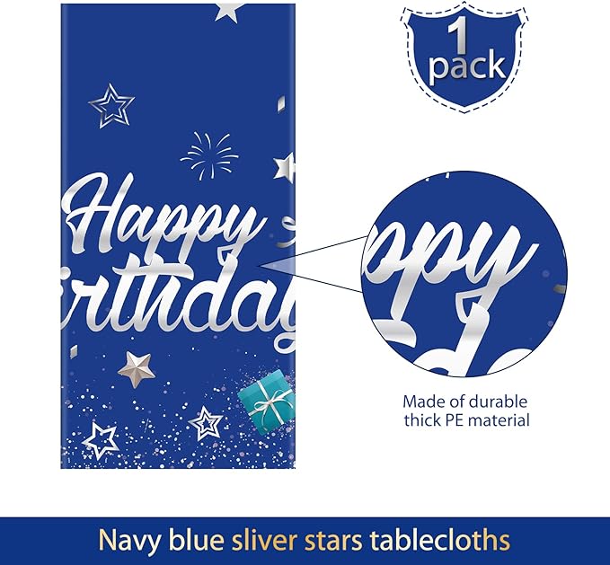 Tegeme Navy Blue Party Supplies Stars Happy Birthday Tablecloths Starry Confetti Table Covers for Kids Boys Girls Baby Shower Birthday Party Decorations(Navy Blue and Silver,1 Pack)