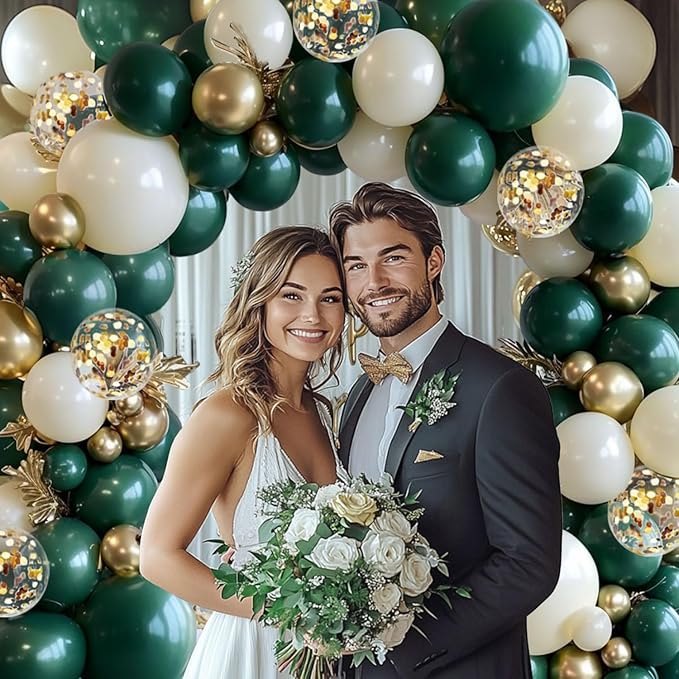 Emerald Green and Gold Balloons Arch Kit, Double Stuffed Dark Hunter Forest Green Pearl Sand White Metallic Gold Balloons for Jungle Wedding Birthday Graduation Party St. Patrick's Day Decorations