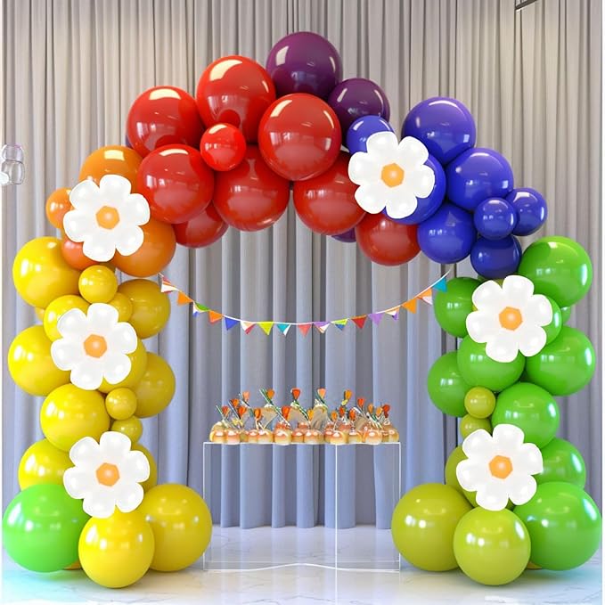 Spring Daisy Flower Balloon Garland Arch Kit 160Pcs Red Orange Yellow Green Blue Purple White Groovy Flower Balloons for Baby Bloom Daisy Floral Two Groovy Wedding Party Decorations