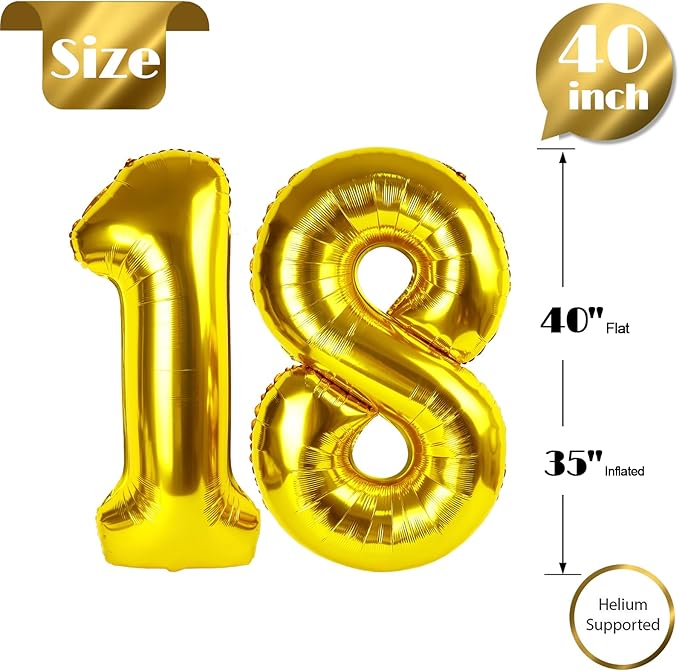 18 Balloon Number, Gold Number 18th Birthday Balloons 40 Inch, 18 Years Old Gold Birthday Decorations for Boys Girls, 18th Anniversary Decorations