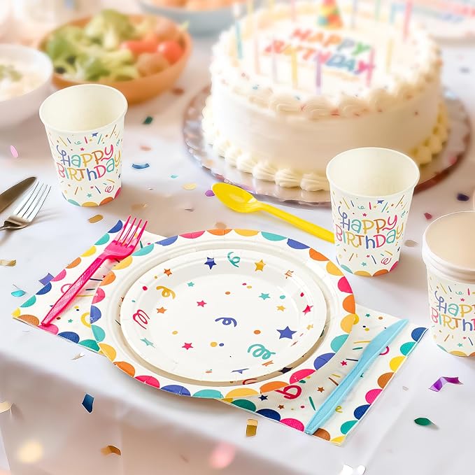 Multicolor Happy Birthday Party Plates Set, 168PCS Ribbons and Dots Stars Paper Plates Napkins Cups and Colorful Cutlery Set, 24 Set Colorful Disposablem Tableware Set for Birthday Party Decorations