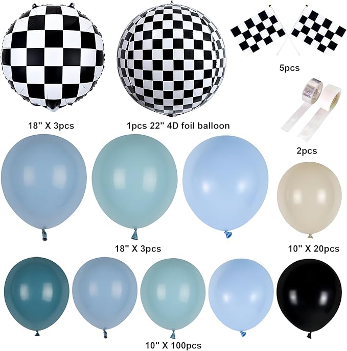 Generic Race Balloon Garland Arch Kit, Dusty Blue Black Balloons with Checkered Balloons for Race Theme Birthday Party Decorations Baby Shower Party Supplies