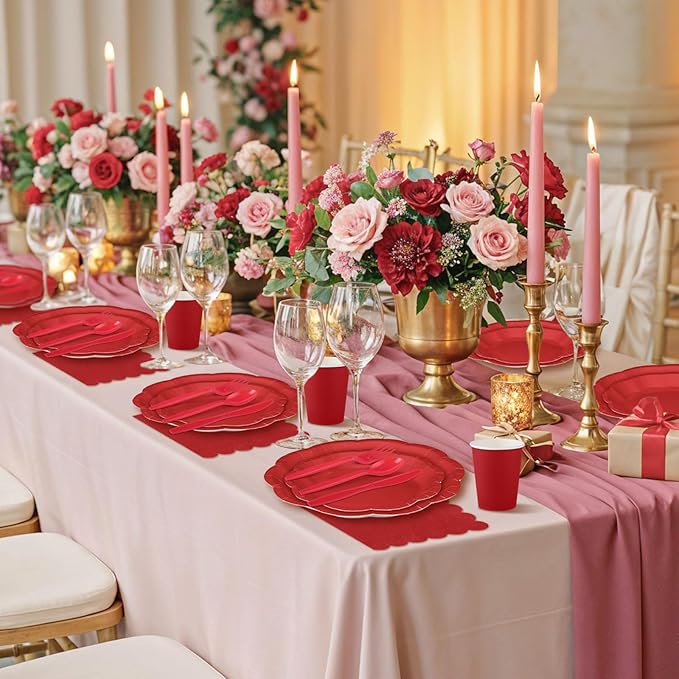 175 Pcs Red Paper Plates and Napkins Set Include 9" Dinner Plates, 7" Dessert Plate Disposable Scalloped Tableware Serve 25 Guest for Wedding Baby Shower Bridal Shower Birthday Mother's Day