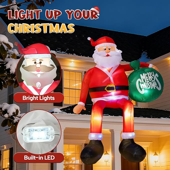 JOYHALO 8FT Christmas Inflatable Sitting Santa Claus Outdoor, Santa Blow Up Yard Decorations with Gift Bag, with Bright LED Lights, Climbing Santa for Roof Indoor Lawn Party Decor