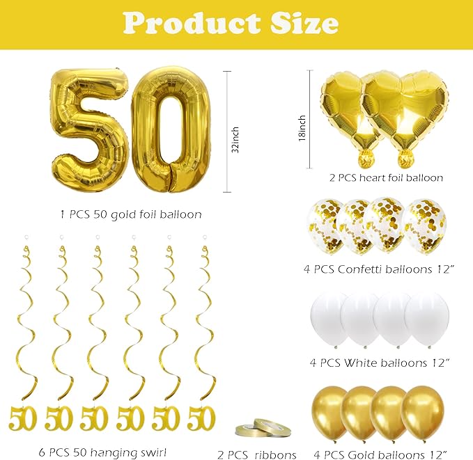 50th Anniversary Decorations Party Supplies Set of Happy Anniversary Photo Banner and Balloons,Hanging Swirls for 50 year Wedding decor(Gold)