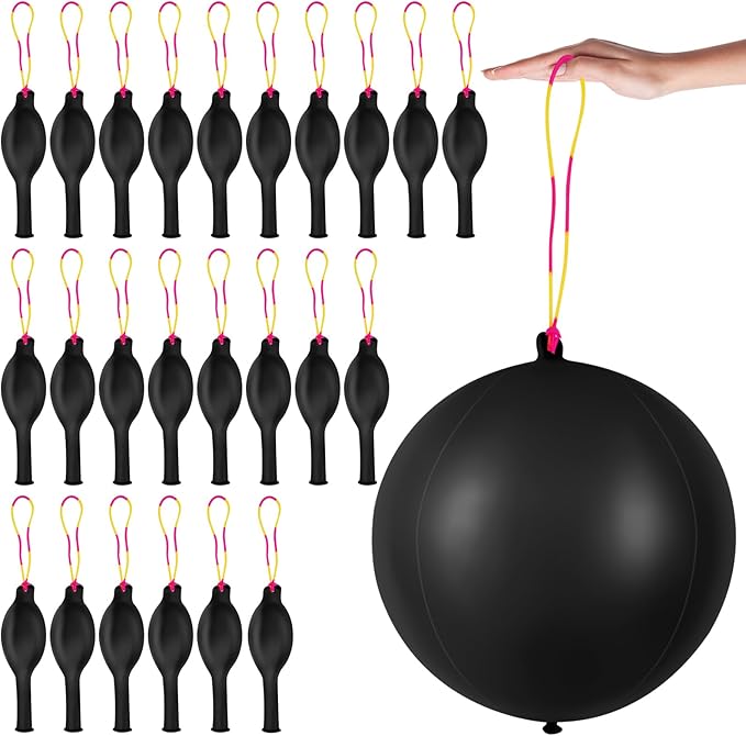 24Pcs Black Punch Balloons Bounce Balloon with Rubber Band Handle Punching Heavy Duty Farm Themed Punch for Birthday Party, Kids (Black)