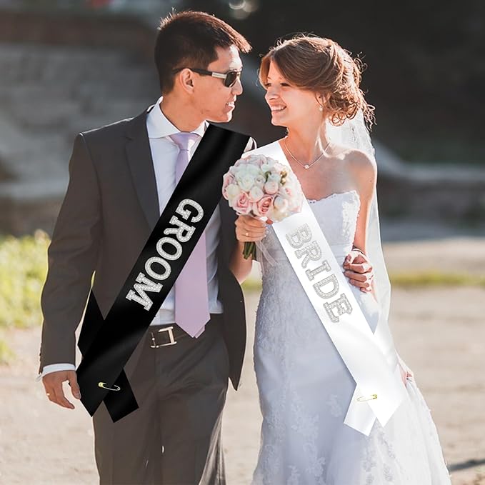 2Pcs Pearl Bride and Groom Sash - White BRIDE Sash & Black GROOM Sash for Bachelorette Party, Hen Party, Wedding, Bridal Shower & Engagement Favors