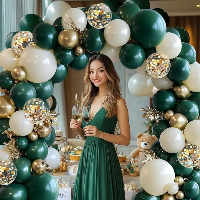 Emerald Green and Gold Balloons Arch Kit, Double Stuffed Dark Hunter Forest Green Pearl Sand White Metallic Gold Balloons for Jungle Wedding Birthday Graduation Party St. Patrick's Day Decorations