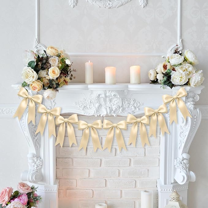 1 String of 8PCS Champange Bow Garland Banner Decoration,Pre-Strung Satin Ribbon Ornaments for Birthday,Bachelorette Party,Bridal Shower,Wedding,Engagement,Baby Shower,Graduation Decor,Anniversary